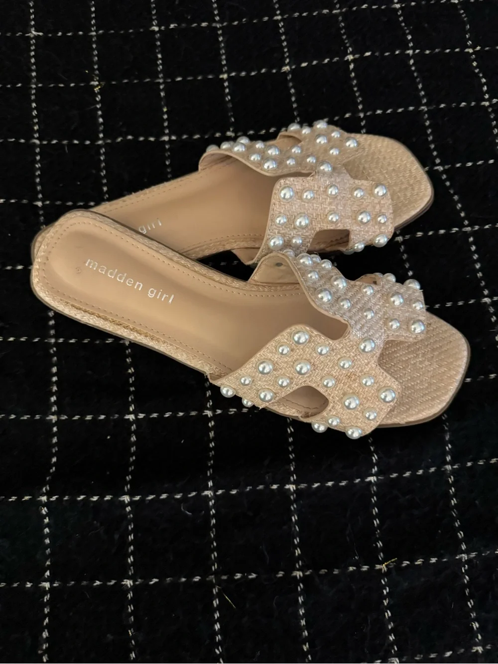Madden Girl Tan Woven Slide Sandals with Pearl Studs